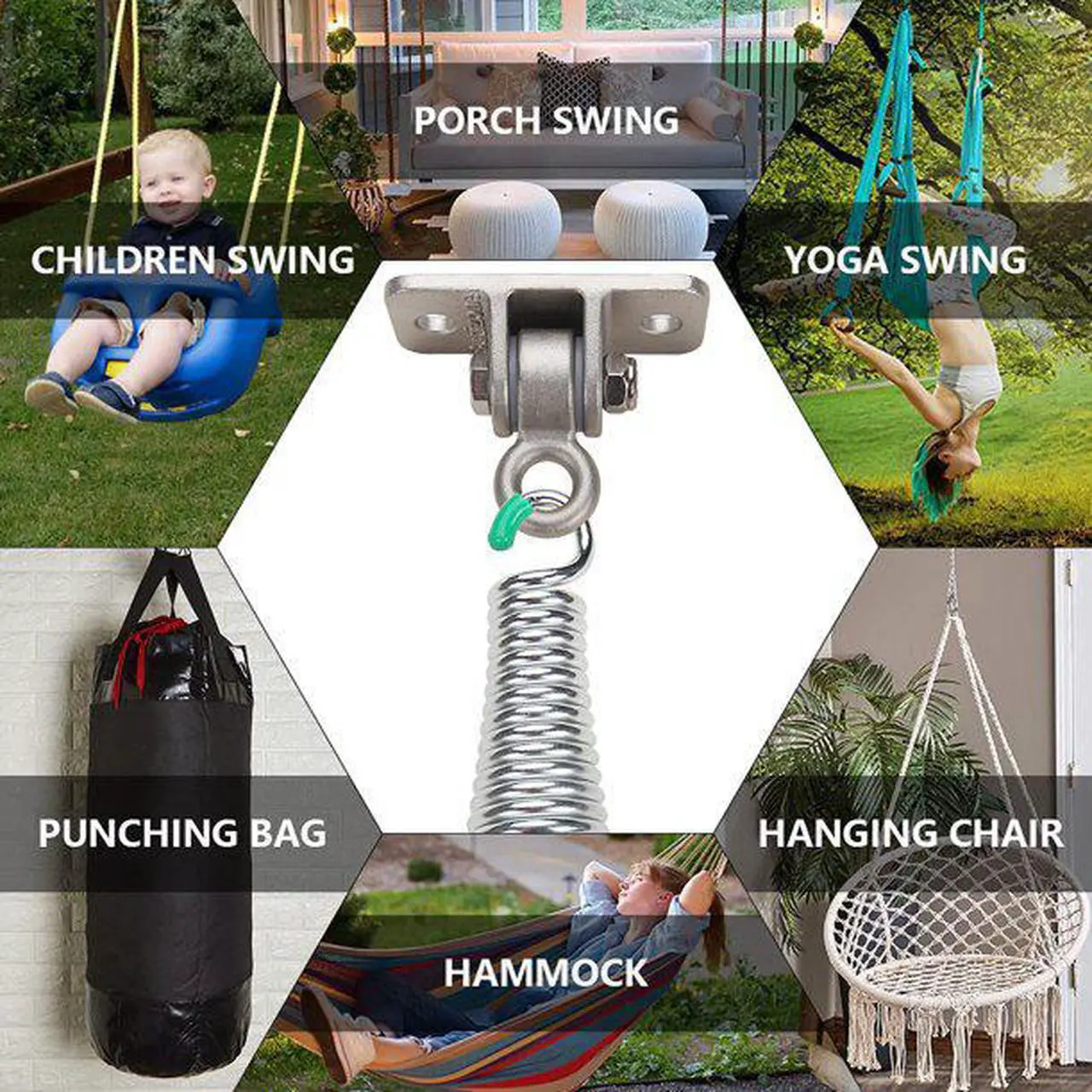 Alt view image 7 of 7 - Butizone 304 Stainless Steel Swing Hangers Galvanized Springs for Ceiling Mount Porch, Set of 2