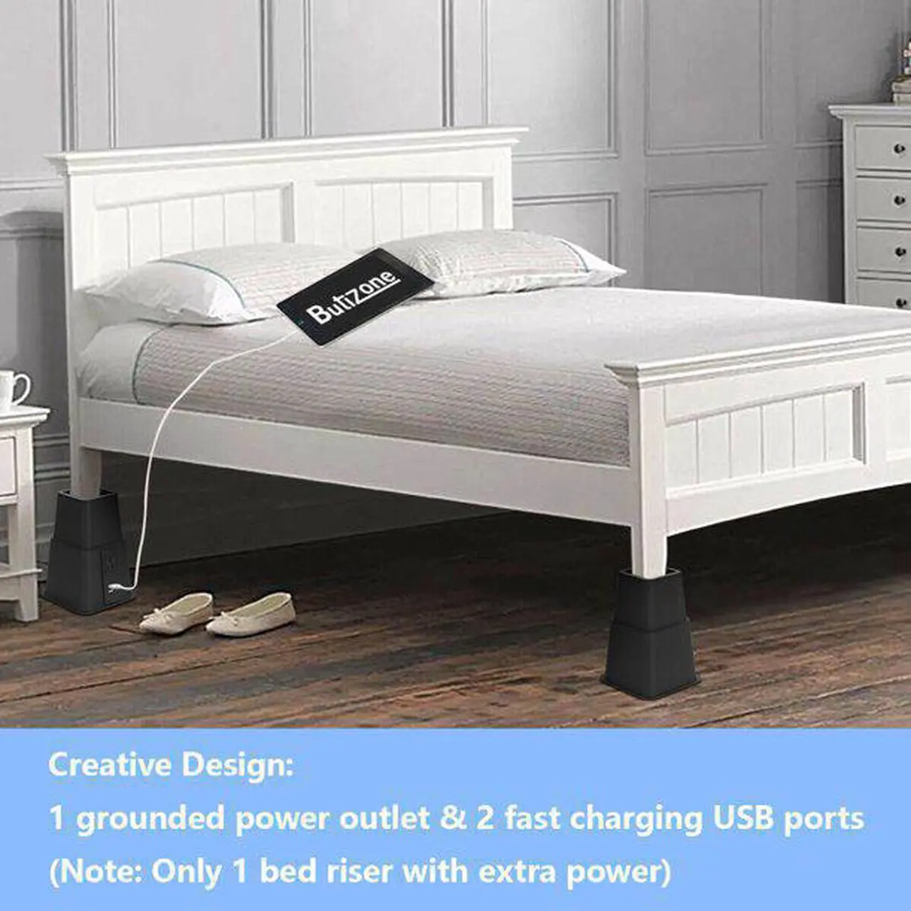 Alt view image 3 of 6 - Butizone Bed Risers with Power Outlet and USB Ports, Adjustable Heavy Duty Furniture Riser Bed Lifts for Bed, Sofa and Table Set of 4, Black