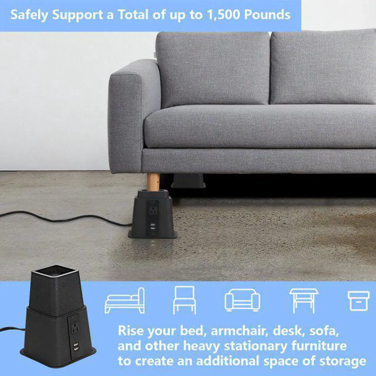 Alt view image 4 of 6 - Butizone Bed Risers with Power Outlet and USB Ports, Adjustable Heavy Duty Furniture Riser Bed Lifts for Bed, Sofa and Table Set of 4, Black