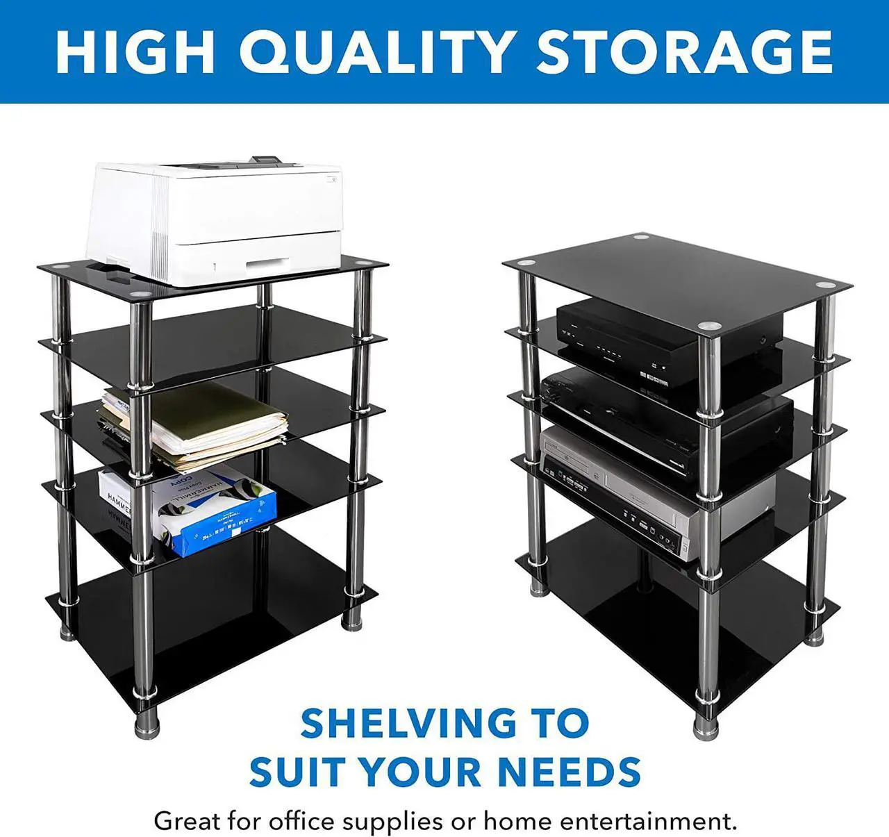 Alt view image 4 of 7 - Mount-It! Tempered Glass AV Component Media Stand, Audio Tower and Media Center with 5 Shelves, 220 Lbs Total Capacity, Black Shelves Chrome Legs (MI-8671)