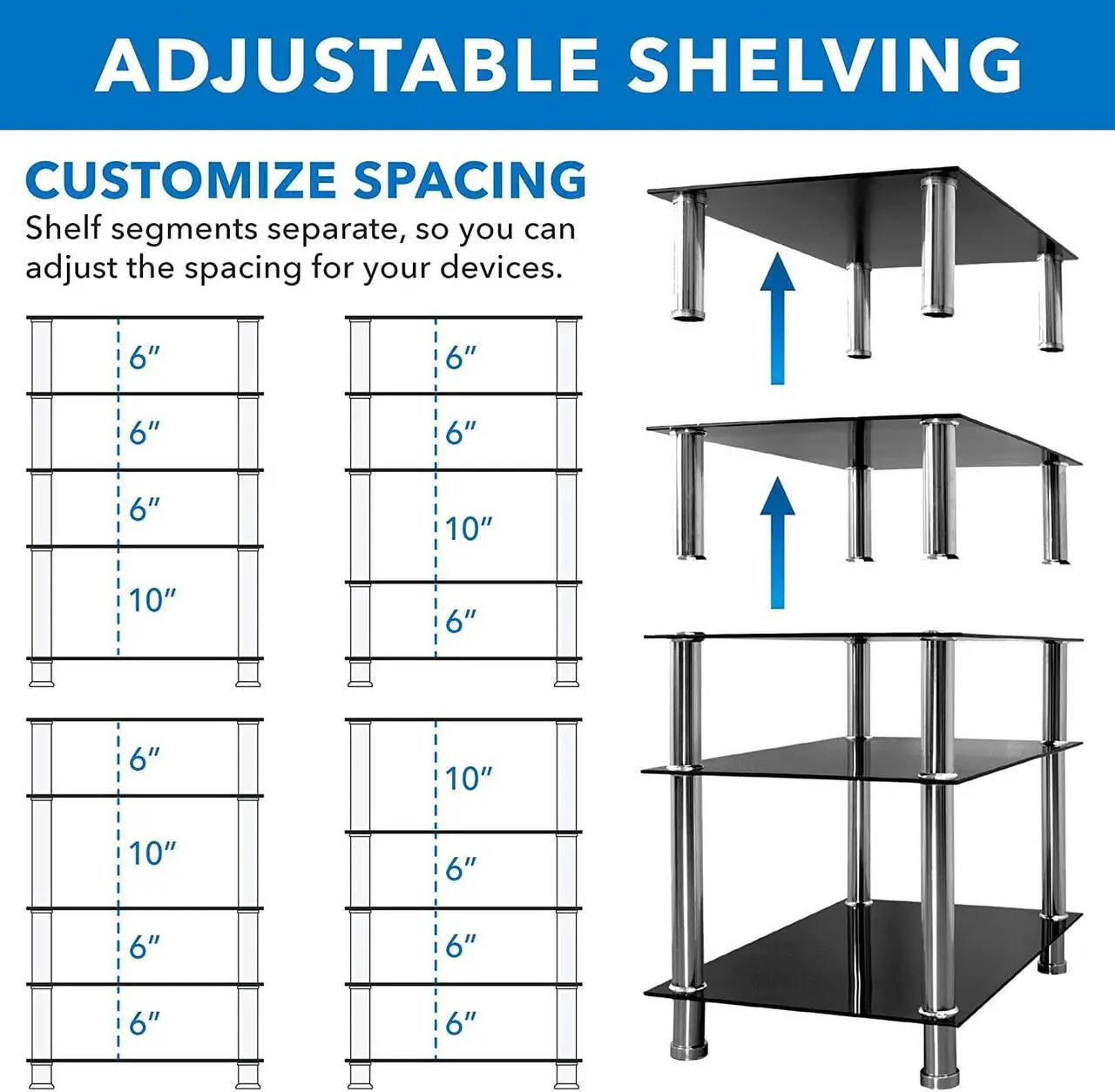 Alt view image 5 of 7 - Mount-It! Tempered Glass AV Component Media Stand, Audio Tower and Media Center with 5 Shelves, 220 Lbs Total Capacity, Black Shelves Chrome Legs (MI-8671)