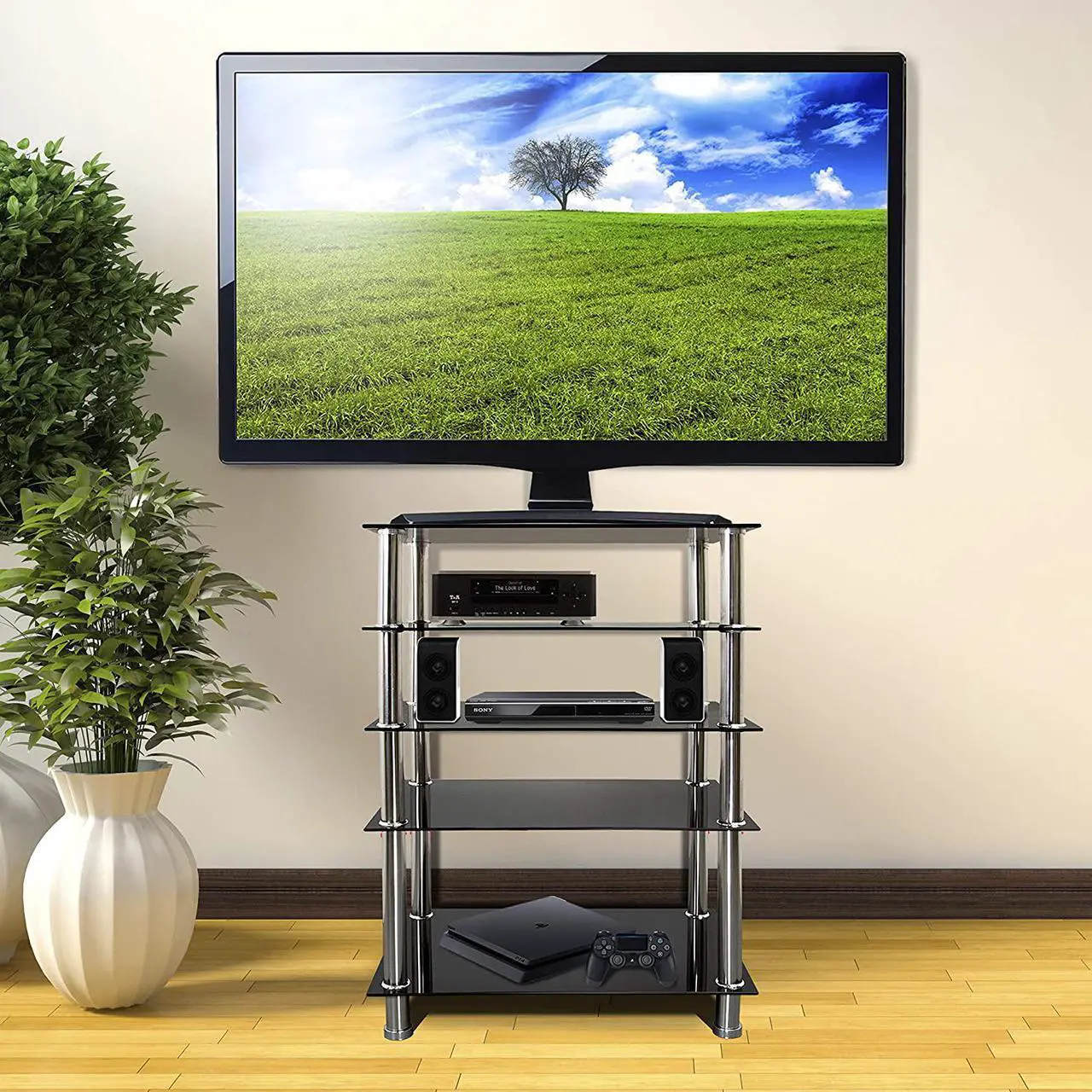 Alt view image 2 of 7 - Mount-It! Tempered Glass AV Component Media Stand, Audio Tower and Media Center with 5 Shelves, 220 Lbs Total Capacity, Black Shelves Chrome Legs (MI-8671)
