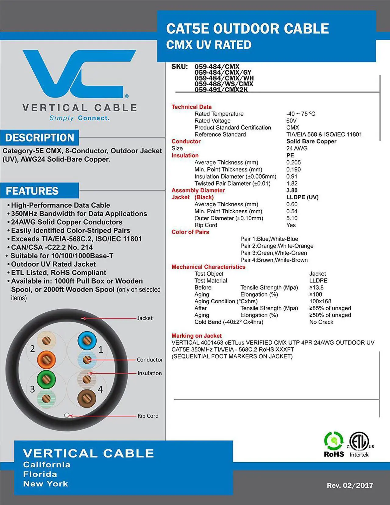 Alt view image 3 of 4 - Vertical Cable Cat5e, 350 Mhz, UTP, UV Jacket, Outdoor, CMX, 1000ft, Bulk Ethernet Cable, White