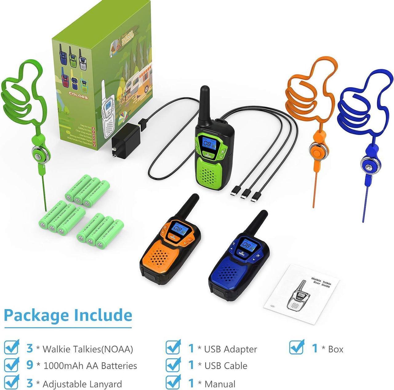 Alt view image 2 of 7 - Walkie Talkies 3 Pack, Rechargeable Easy to Use Family Walky Talky Long Range 2 Way Radio Gift with NOAA Weather Channel Micro-USB Charger/Battery/Lanyard Hiking Camping Trip