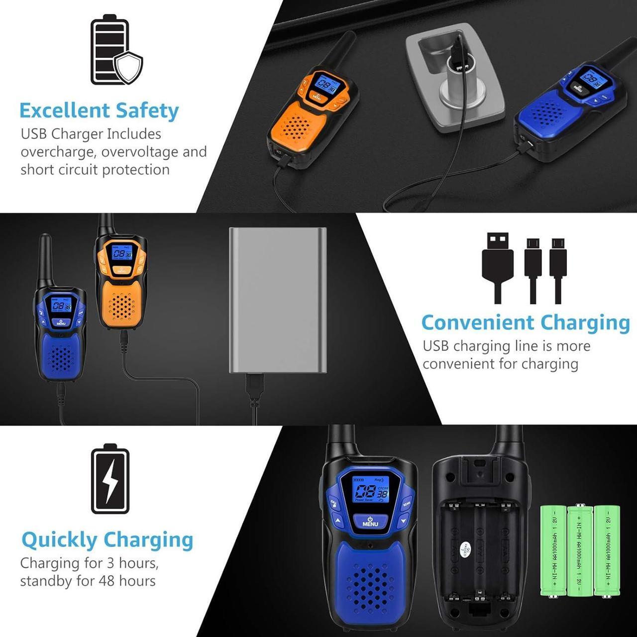 Alt view image 3 of 7 - Walkie Talkies 3 Pack, Rechargeable Easy to Use Family Walky Talky Long Range 2 Way Radio Gift with NOAA Weather Channel Micro-USB Charger/Battery/Lanyard Hiking Camping Trip