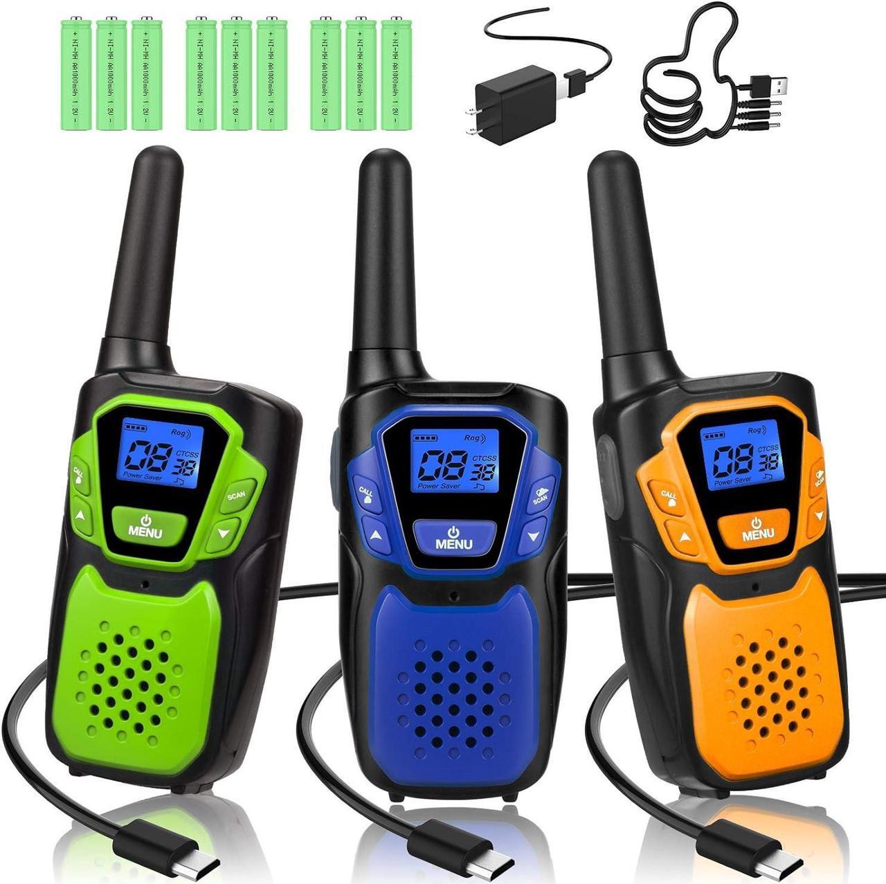 Main image of Walkie Talkies 3 Pack, Rechargeable Easy to Use Family Walky Talky Long Range 2 Way Radio Gift with NOAA Weather Channel Micro-USB Charger/Battery/Lanyard Hiking Camping Trip
