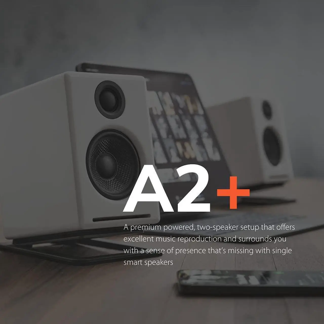 Alt view image 2 of 7 - Audioengine A2+ Wireless Bluetooth Speakers - Computer Monitor Speakers and Home Music System with aptX Bluetooth | 60W Powered Bookshelf Stereo Speakers with AUX Audio and USB DAC (White)