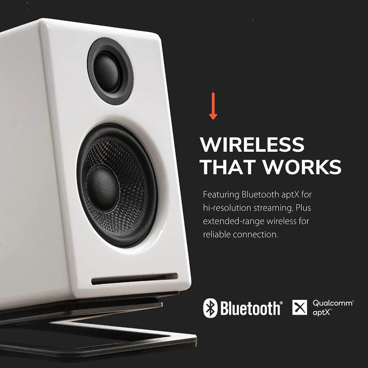 Alt view image 3 of 7 - Audioengine A2+ Wireless Bluetooth Speakers - Computer Monitor Speakers and Home Music System with aptX Bluetooth | 60W Powered Bookshelf Stereo Speakers with AUX Audio and USB DAC (White)
