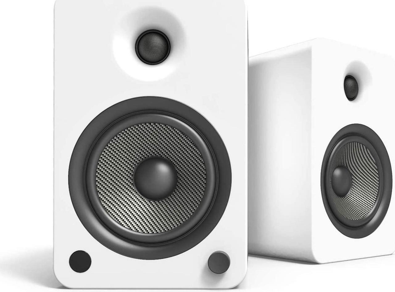 Alt view image 2 of 7 - Kanto YU6MW 200W Bookshelf Speakers with Bluetooth - Matte White (Pair) with Kanto SP26PLW 26" Fixed-Height Stands for Bookshelf Speakers - White (Pair) (2022)