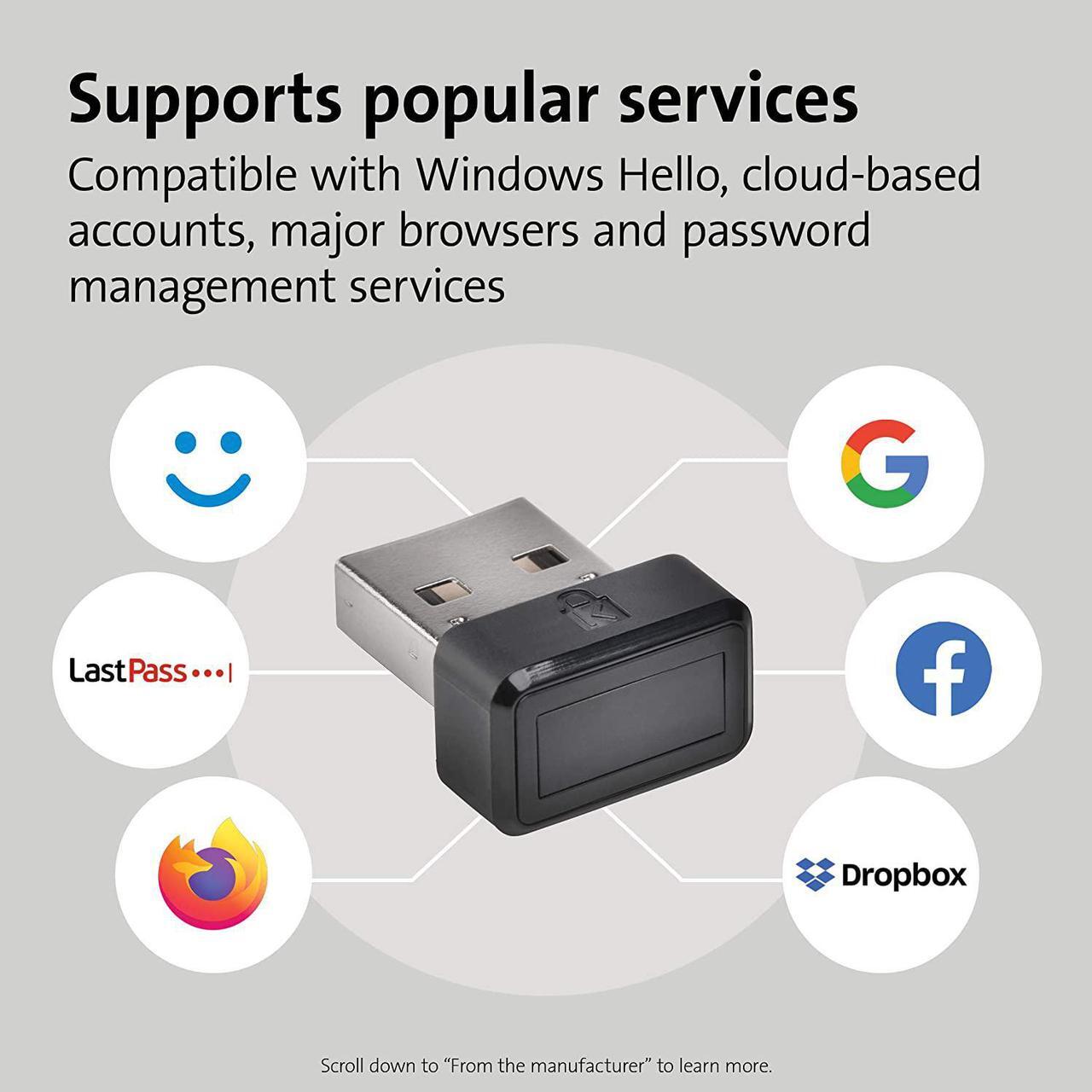 Alt view image 3 of 7 - Kensington VeriMark USB Fingerprint Key Reader - Windows Hello, FIDO U2F, Anti-Spoofing (K67977WW),Black