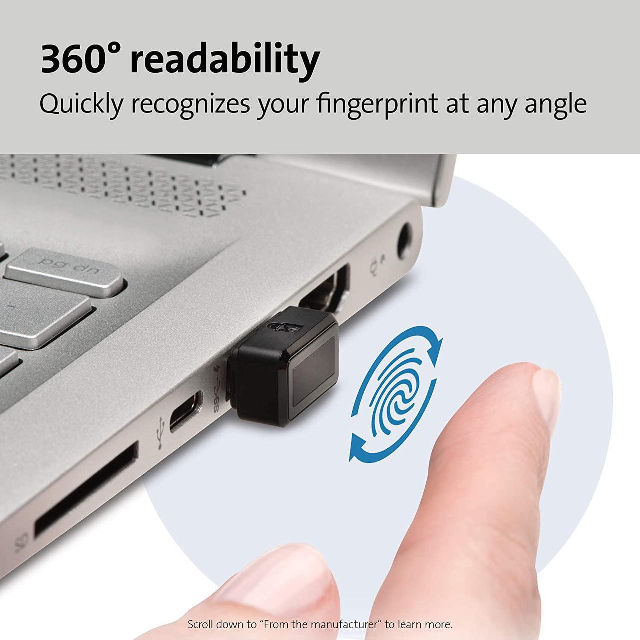 Alt view image 5 of 7 - Kensington VeriMark USB Fingerprint Key Reader - Windows Hello, FIDO U2F, Anti-Spoofing (K67977WW),Black