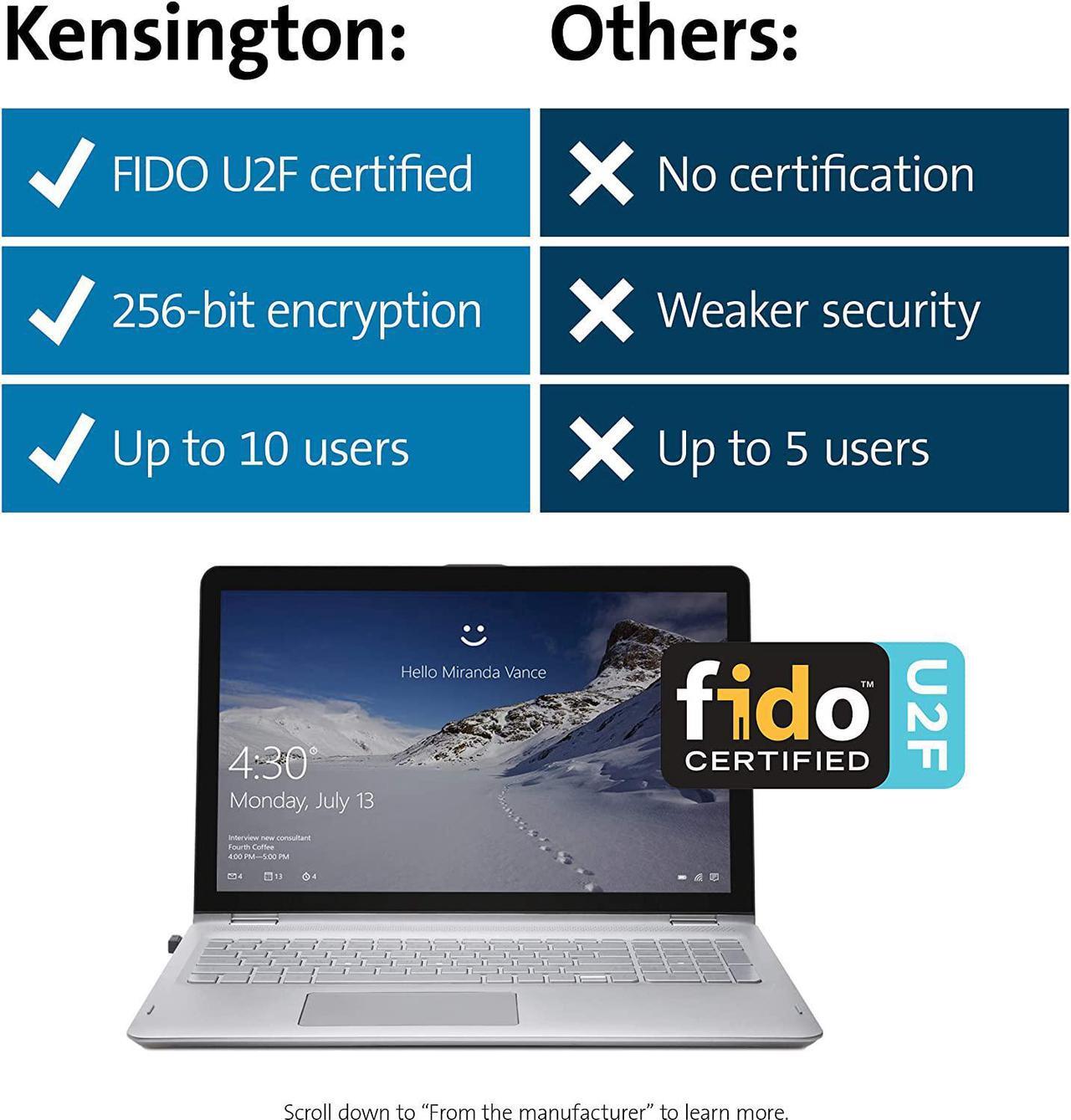 Alt view image 7 of 7 - Kensington VeriMark USB Fingerprint Key Reader - Windows Hello, FIDO U2F, Anti-Spoofing (K67977WW),Black