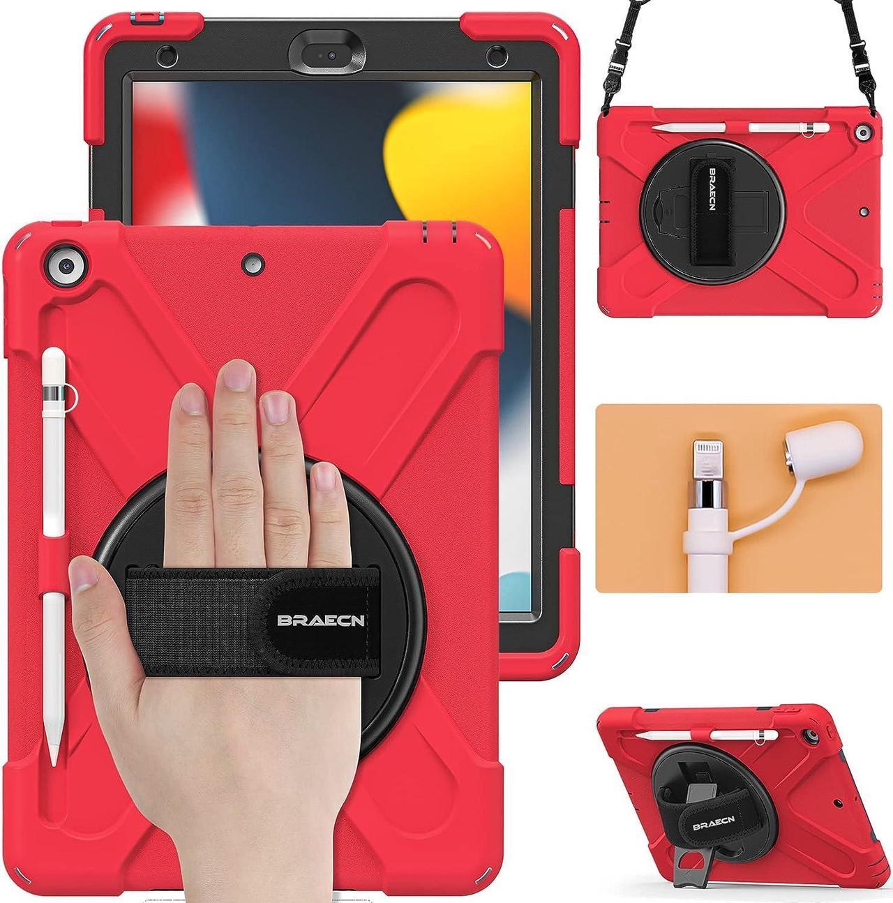 iPad 9th 8th 7th Gen 10.2 Case 2021 2020 2019,Rugged Heavy Duty Case with Screen Protector Pencil Holder Pencil Cap Holder Hand Strap Shoulder Strap Kickstand for Apple iPad 9/8/7 10.2\u201d -Red