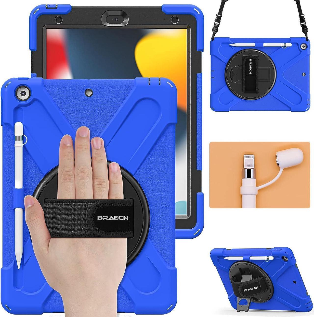 iPad 10.2 Case 2021/2020/2019, iPad 9th/8th/7th Generation Case, Heavy Duty Kids Case with Pencil Holder Screen Protector Pencil Cap Holder Hand Strap Shoulder Strap Stand for iPad 10.2\u201d -Blue