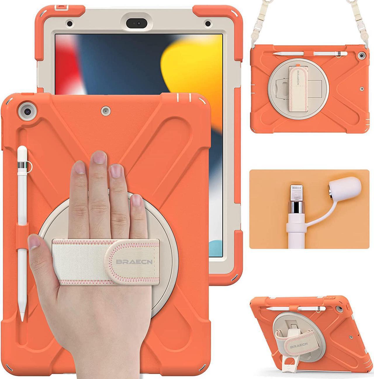 Kids Case for iPad 9th/8th/7th Generation 10.2\u201d2021/2020/2019, Heavy Duty Shockproof Case with Screen Protector,Pencil Holder,Pencil Cap Holder,Hand Strap,Kickstand,Shoulder Strap-Coral Orange