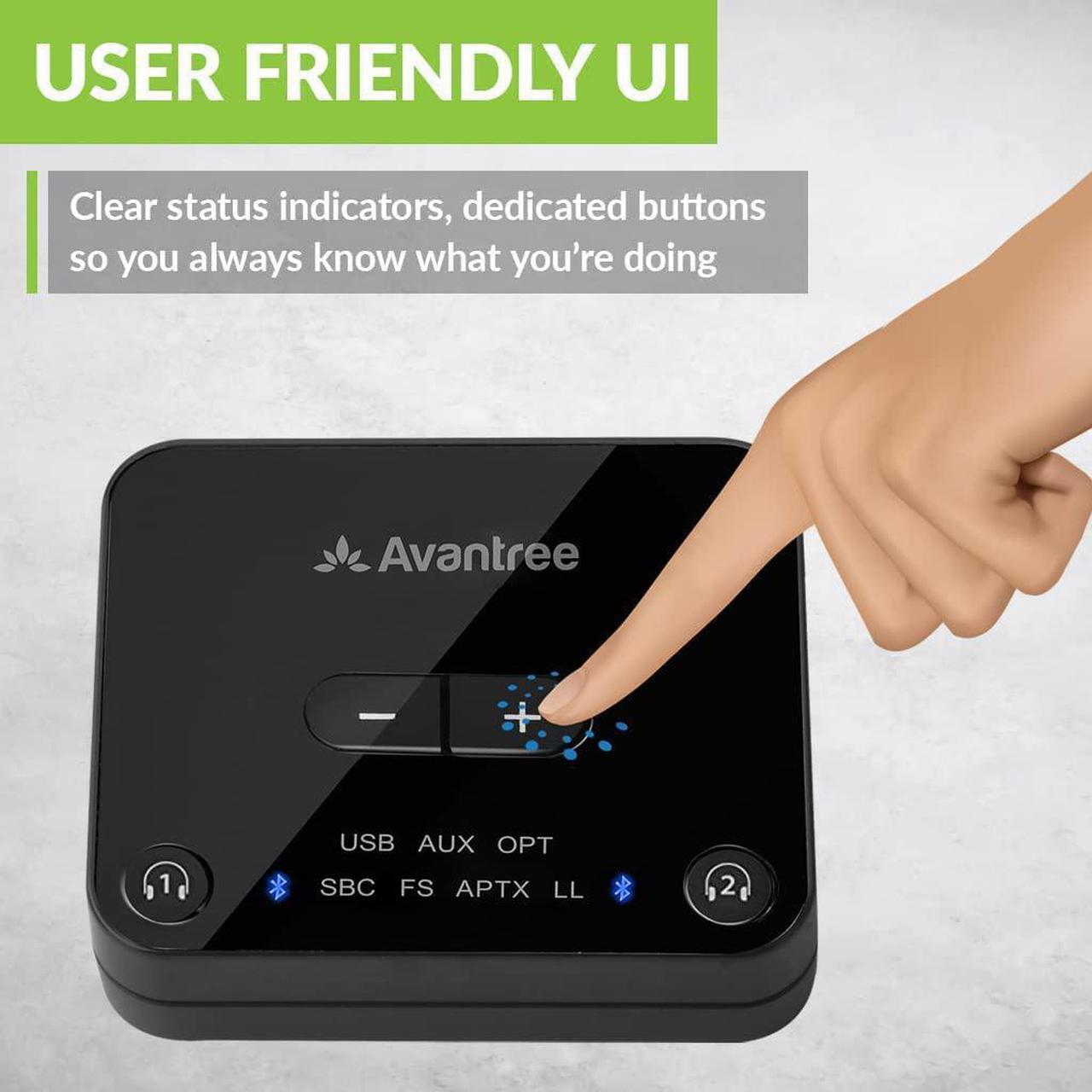 Alt view image 4 of 7 - Avantree Audikast Plus Bluetooth 5.0 Transmitter for TV with Volume Control, aptX Low Latency Audio Adapter for 2 Headphones (Optical, AUX, RCA, USB), Class 1 Long Range 100ft - No Receiver Mode