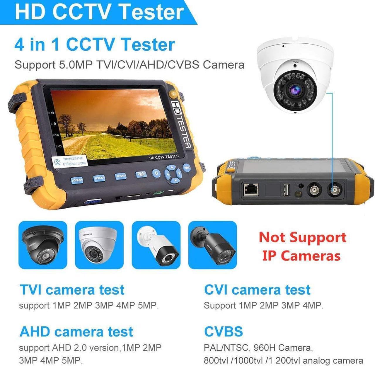 Alt view image 2 of 7 - 5 Inch 4 in 1 CCTV Monitor Tester, AHD/TVI/CVI/CVBS Coaxial Analog Video Monitor Tester, UTP/PTZ Cable Test for 1080P/3MP/4MP/5MP Analog Security Camera, VGA DC12V Output Camera CCTV Tester