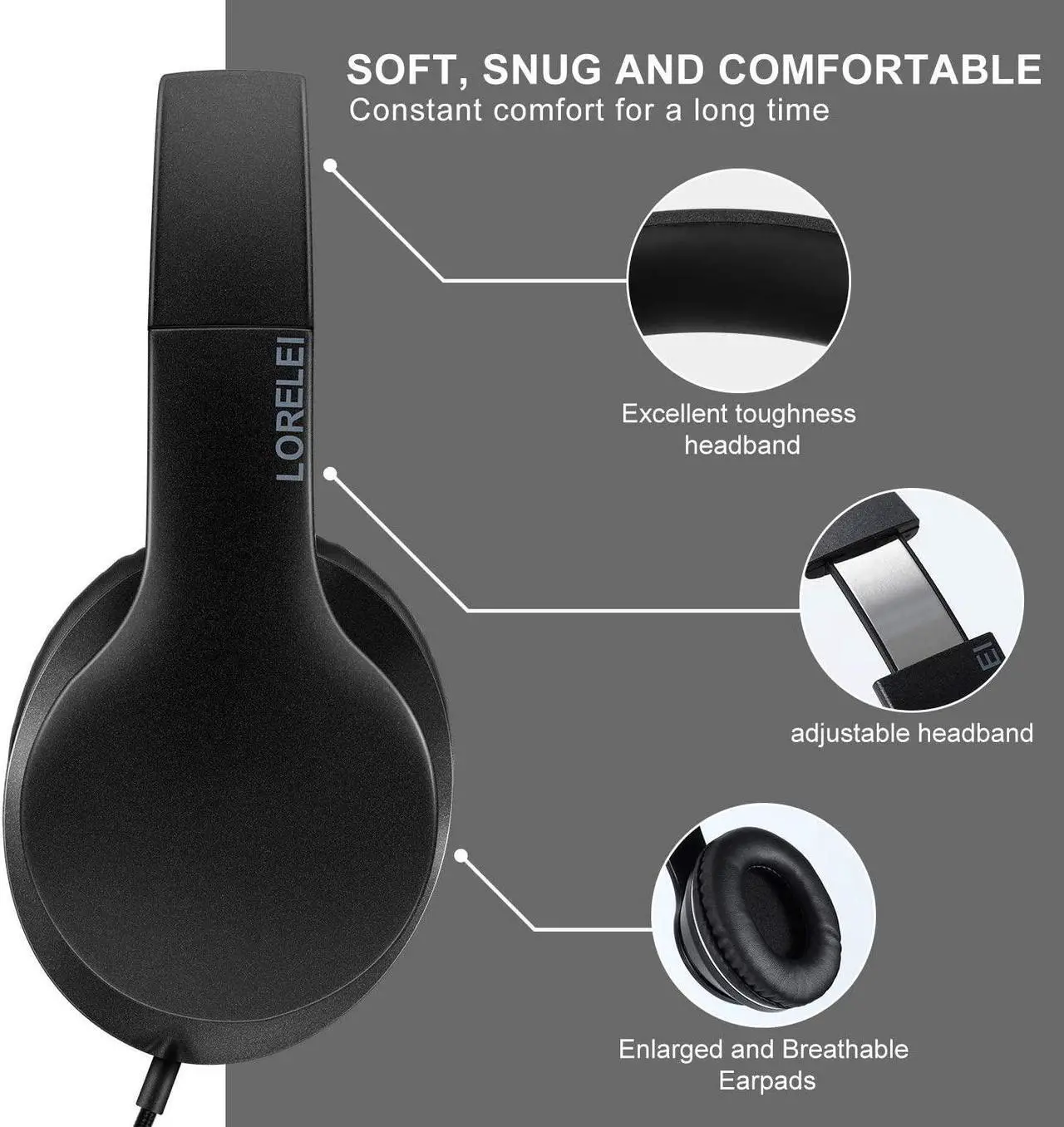 Alt view image 4 of 7 - LORELEI X6 Over-Ear Headphones with Microphone, Lightweight Foldable & Portable Stereo Bass Headphones with 1.45M No-Tangle, Wired Headphones for Smartphone Tablet MP3 / 4 (Space Black)