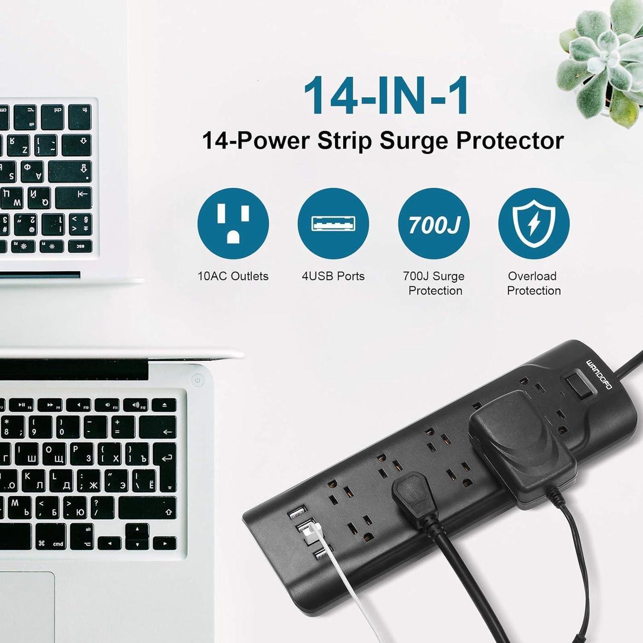 Alt view image 3 of 7 - 15ft Extra Long Cord Power Strip Surge Protector, 5V 3.4A Smart USB Outlet Strip, 10 Widely Spaced Outlets, Low Profile Flat Plug, Wall Mountable, Ideal for Home Office, Black