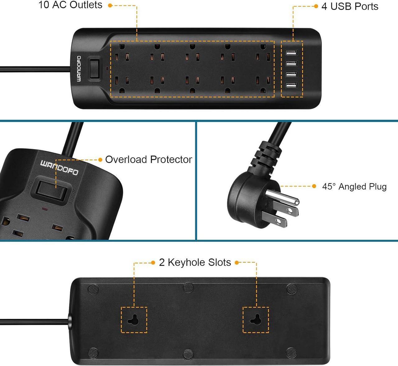 Alt view image 4 of 7 - 15ft Extra Long Cord Power Strip Surge Protector, 5V 3.4A Smart USB Outlet Strip, 10 Widely Spaced Outlets, Low Profile Flat Plug, Wall Mountable, Ideal for Home Office, Black
