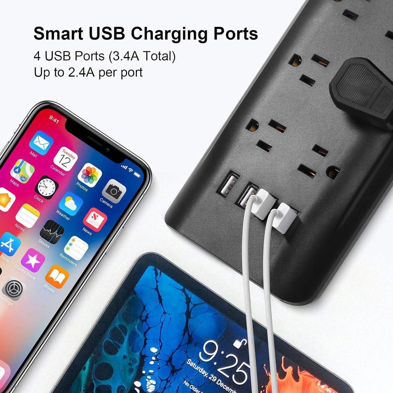 Alt view image 5 of 7 - 15ft Extra Long Cord Power Strip Surge Protector, 5V 3.4A Smart USB Outlet Strip, 10 Widely Spaced Outlets, Low Profile Flat Plug, Wall Mountable, Ideal for Home Office, Black