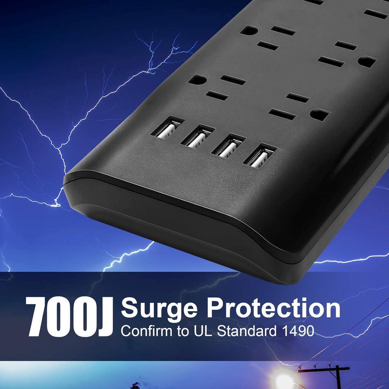 Alt view image 6 of 7 - 15ft Extra Long Cord Power Strip Surge Protector, 5V 3.4A Smart USB Outlet Strip, 10 Widely Spaced Outlets, Low Profile Flat Plug, Wall Mountable, Ideal for Home Office, Black