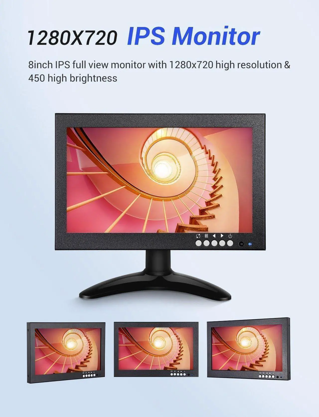 Alt view image 2 of 7 - Eyoyo 8 inch Small HDMI LCD Monitor, Portable 1280x720 16:9 IPS Metal Housing Screen Support HDMI/VGA/AV/BNC Input with Wall Bracket&Remote Control for PC, CCTV,Security Camera,Raspberry pi Computer