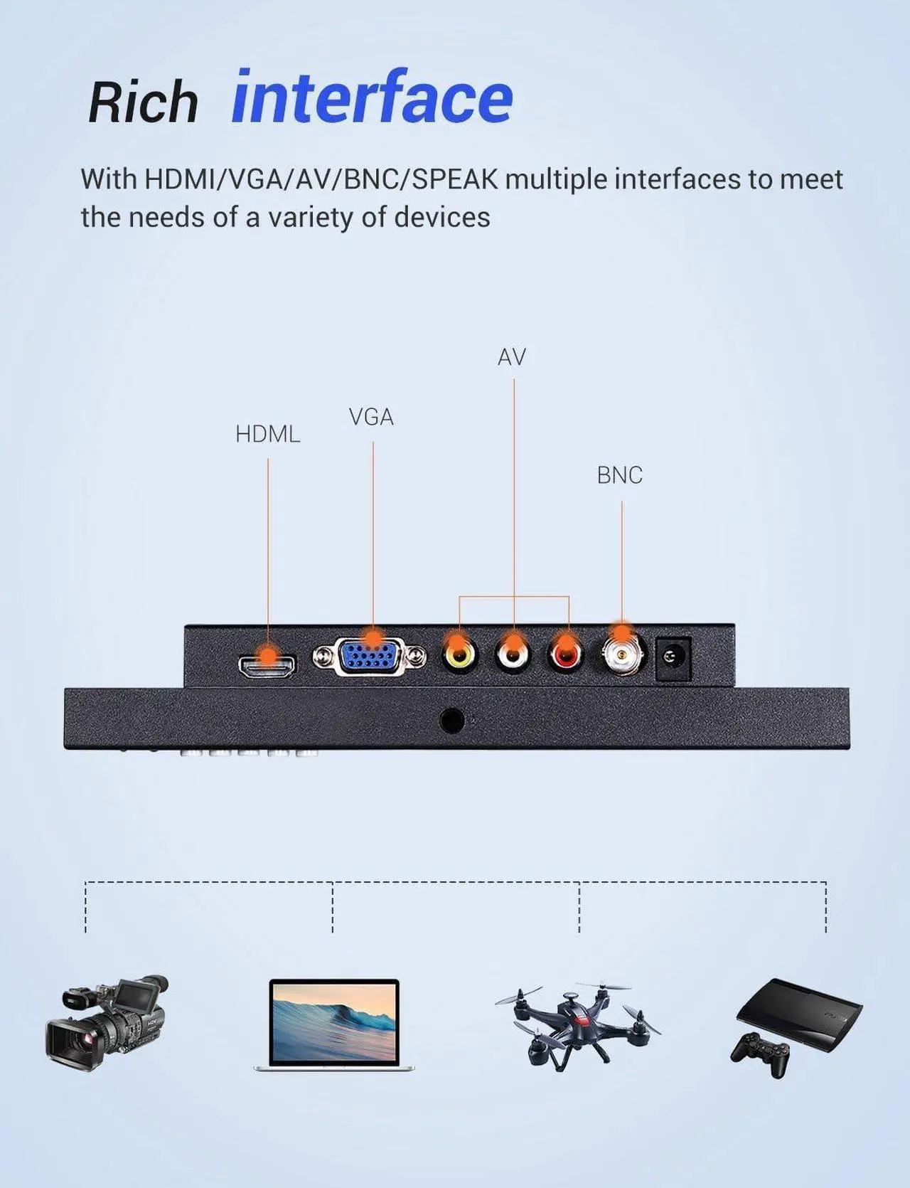 Alt view image 5 of 7 - Eyoyo 8 inch Small HDMI LCD Monitor, Portable 1280x720 16:9 IPS Metal Housing Screen Support HDMI/VGA/AV/BNC Input with Wall Bracket&Remote Control for PC, CCTV,Security Camera,Raspberry pi Computer