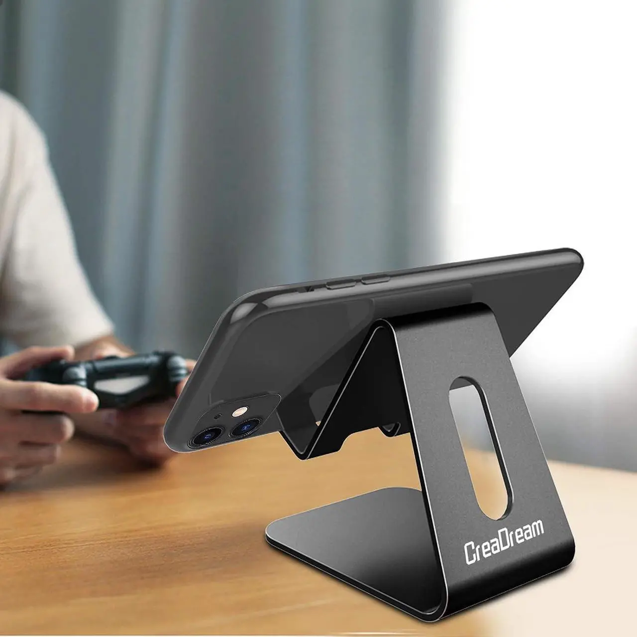 Alt view image 2 of 7 - CreaDream Cell Phone Stand, Cradle, Holder, Aluminum Desktop Stand Compatible with Switch, All Smart Phone, iPhone 11 Pro Xs Max Xr X Se 8 7 6 6s Plus SE 5 5s-Black, Welcome to consult