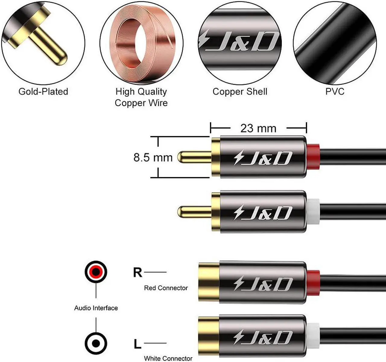 Alt view image 2 of 7 - J&D 2 RCA to 2 RCA Cable, 2-Pack Gold Plated Copper Shell Heavy Duty 2RCA Male to 2RCA Female Stereo Audio Extension Cable, RCA Cable, 6 Feet