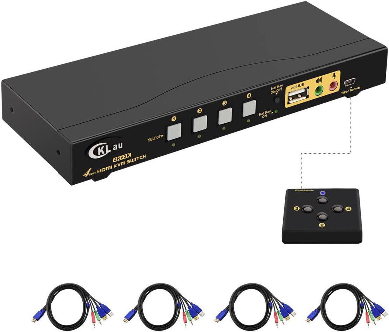 CKLau KVM Switch HDMI 4 Port with USB Hub, Audio and 4 KVM Cables, 4 Port HDMI KVM Switch Support 4K@60Hz 4:4:4, EDID Support Wireless Keyboard Mouse