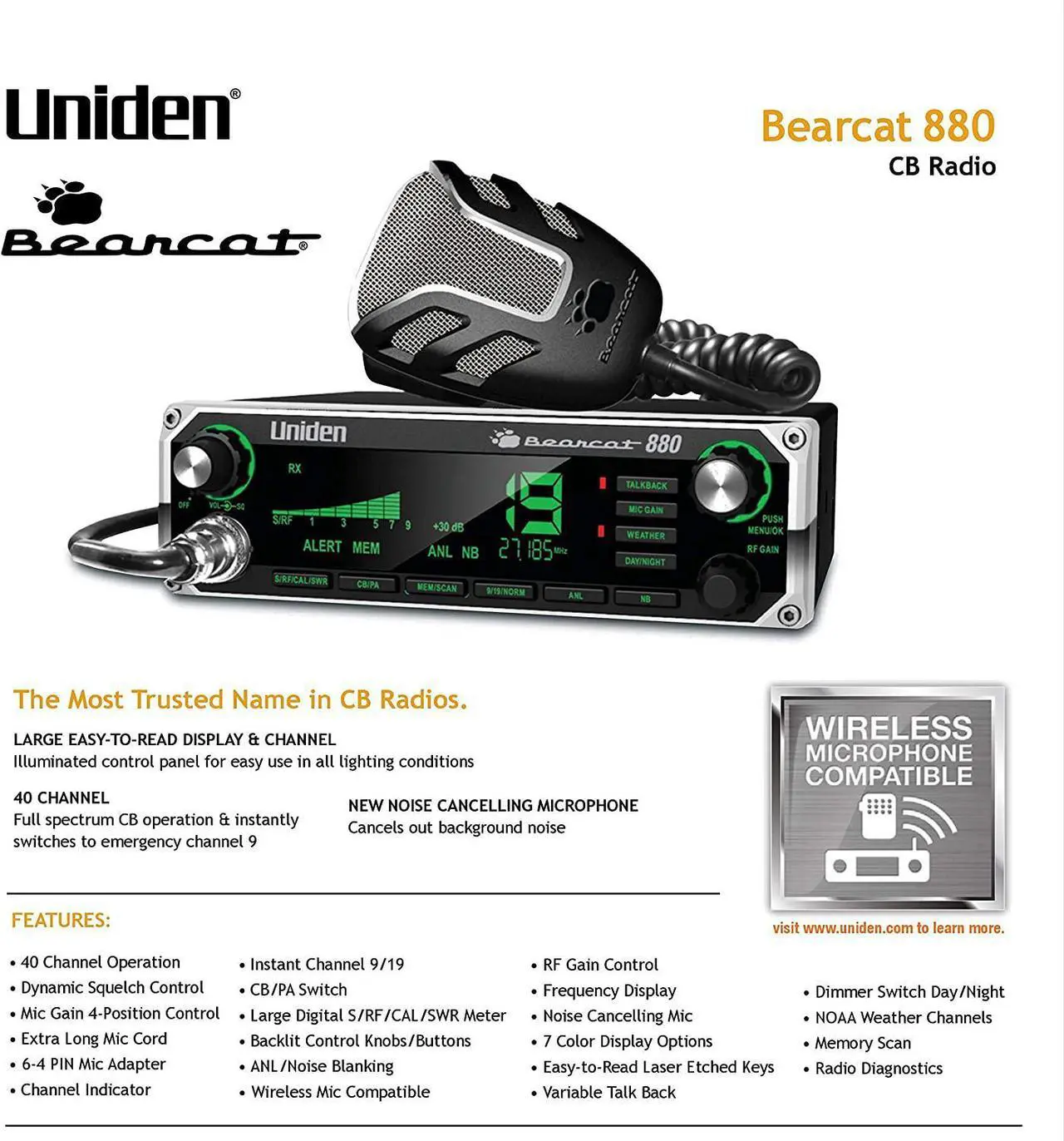 Alt view image 3 of 4 - Uniden BEARCAT 880 CB Radio with 40 Channels and Large Easy-to-Read 7-Color LCD Display with Backlighting, Backlit Control Knobs/Buttons, NOAA Weather Alert, PA/CB Switch, and Wireless Mic Compatible