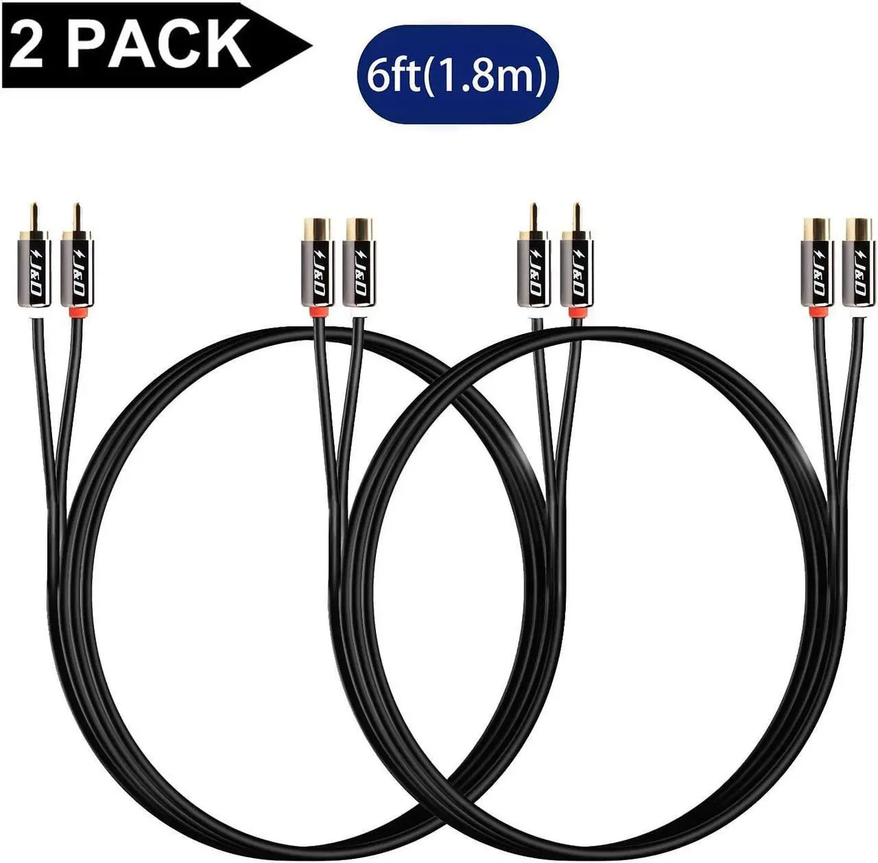 Alt view image 7 of 7 - J&D 2 RCA to 2 RCA Cable, 2-Pack Gold Plated Copper Shell Heavy Duty 2RCA Male to 2RCA Female Stereo Audio Extension Cable, RCA Cable, 6 Feet