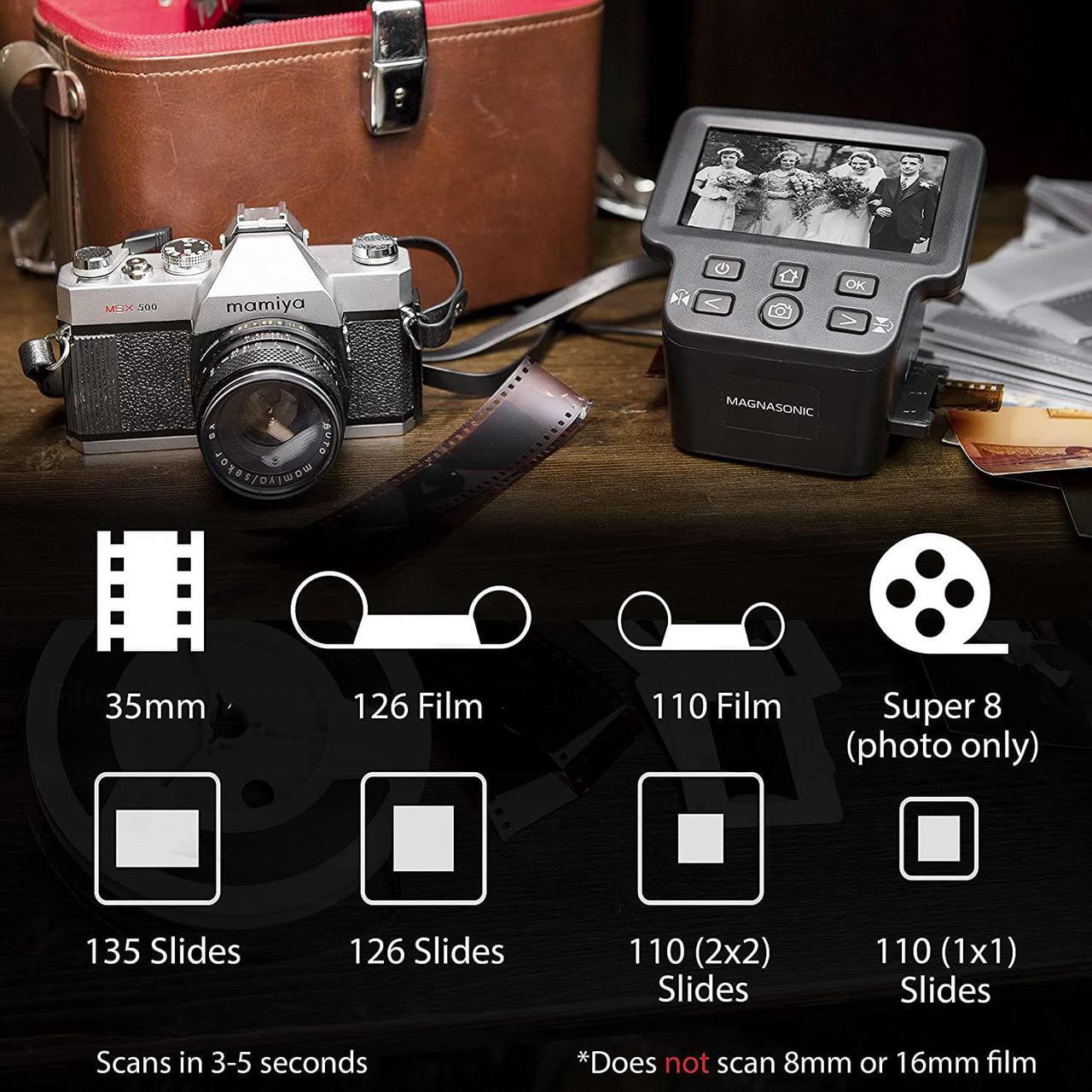 Alt view image 2 of 7 - Magnasonic All-in-One 24MP Film Scanner with Large 5" Display & HDMI, Converts 35mm/126/110/Super 8 Film & 135/126/110 Slides into Digital Photos, Built-in Memory (FS71)