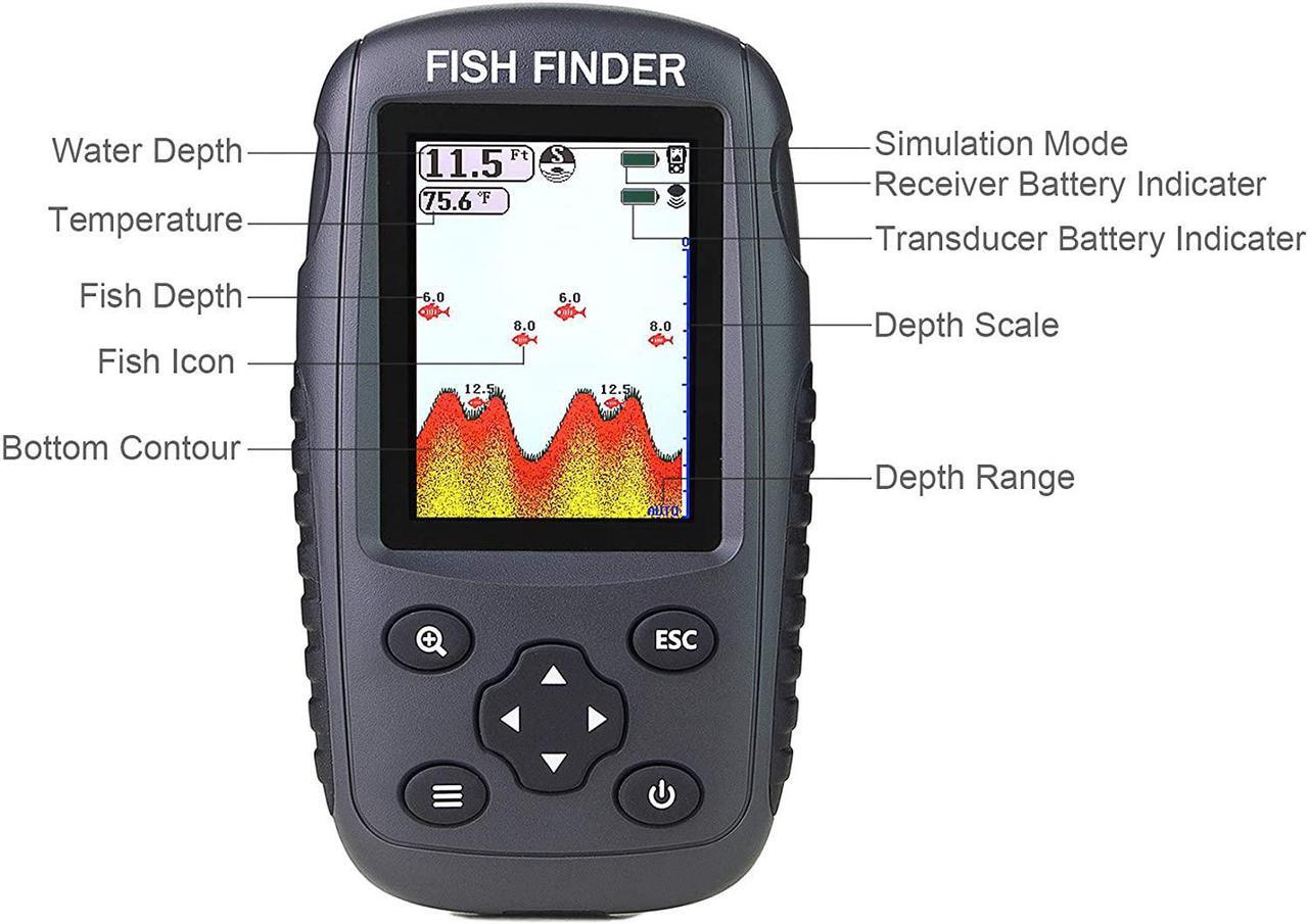 Alt view image 3 of 6 - Portable Rechargeable Fish Finder Wireless Sonar Sensor Fishfinder Depth Locator with Fish Size, Water Temperature, Bottom Contour, Color LCD Display