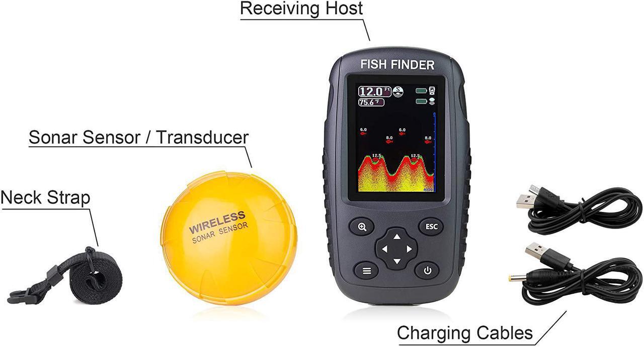 Alt view image 5 of 6 - Portable Rechargeable Fish Finder Wireless Sonar Sensor Fishfinder Depth Locator with Fish Size, Water Temperature, Bottom Contour, Color LCD Display