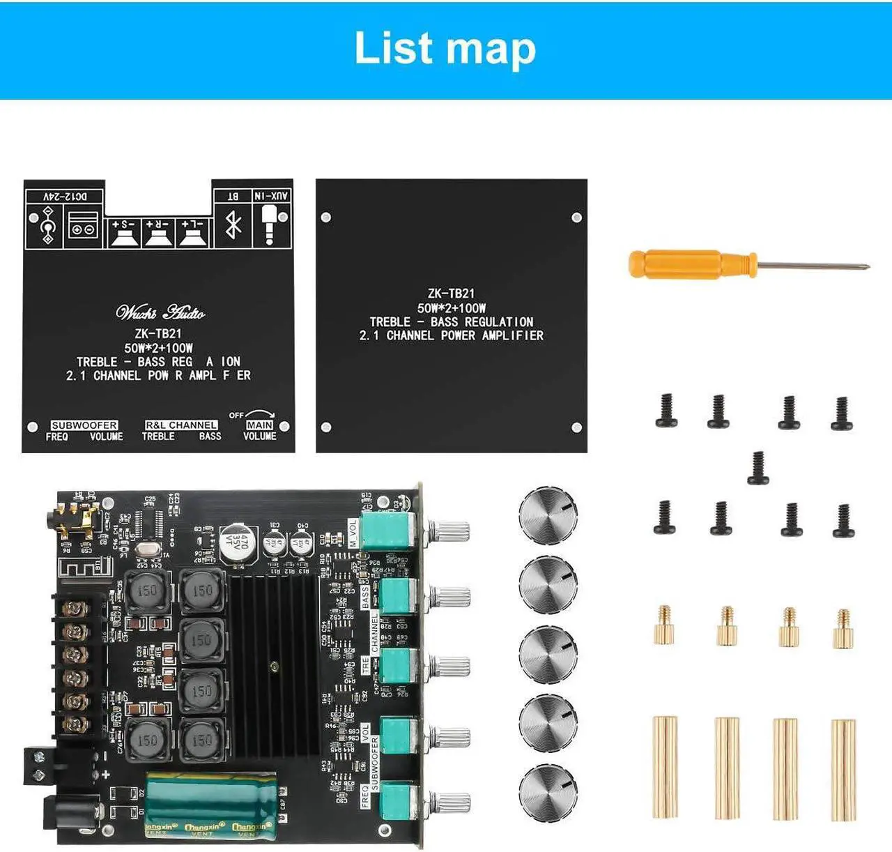 Alt view image 7 of 7 - MakerHawk Bluetooth Amplifier Board HiFi Stereo 2.1 TPA3116D2 2X50W+100W 12V-24V Audio Power Amplifier Module Bass and Treble Control for Store Home Theater Speakers