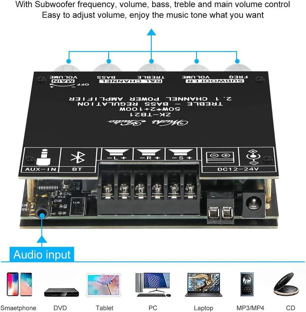 Alt view image 3 of 7 - MakerHawk Bluetooth Amplifier Board HiFi Stereo 2.1 TPA3116D2 2X50W+100W 12V-24V Audio Power Amplifier Module Bass and Treble Control for Store Home Theater Speakers