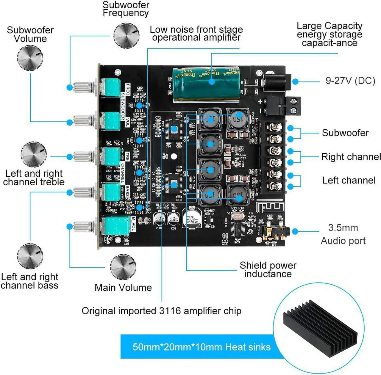 Alt view image 2 of 7 - MakerHawk Bluetooth Amplifier Board HiFi Stereo 2.1 TPA3116D2 2X50W+100W 12V-24V Audio Power Amplifier Module Bass and Treble Control for Store Home Theater Speakers