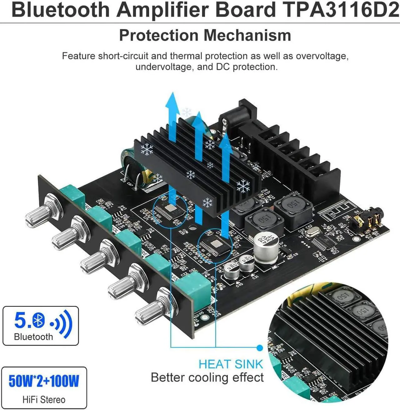 Alt view image 6 of 7 - MakerHawk Bluetooth Amplifier Board HiFi Stereo 2.1 TPA3116D2 2X50W+100W 12V-24V Audio Power Amplifier Module Bass and Treble Control for Store Home Theater Speakers