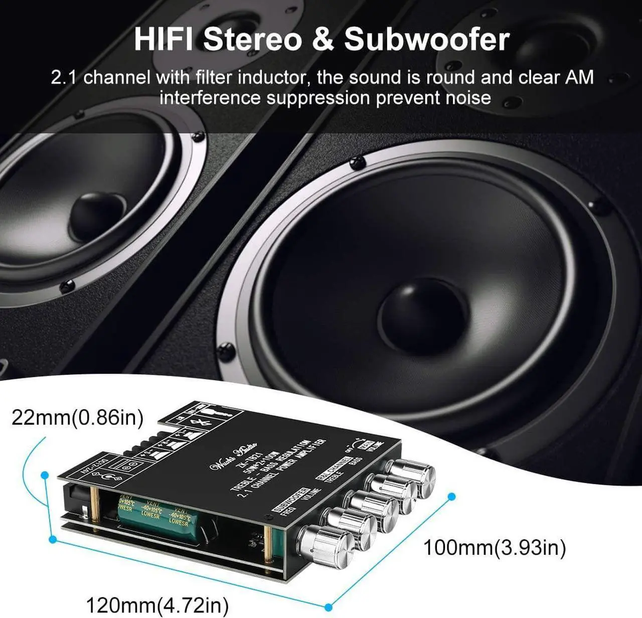 Alt view image 4 of 7 - MakerHawk Bluetooth Amplifier Board HiFi Stereo 2.1 TPA3116D2 2X50W+100W 12V-24V Audio Power Amplifier Module Bass and Treble Control for Store Home Theater Speakers