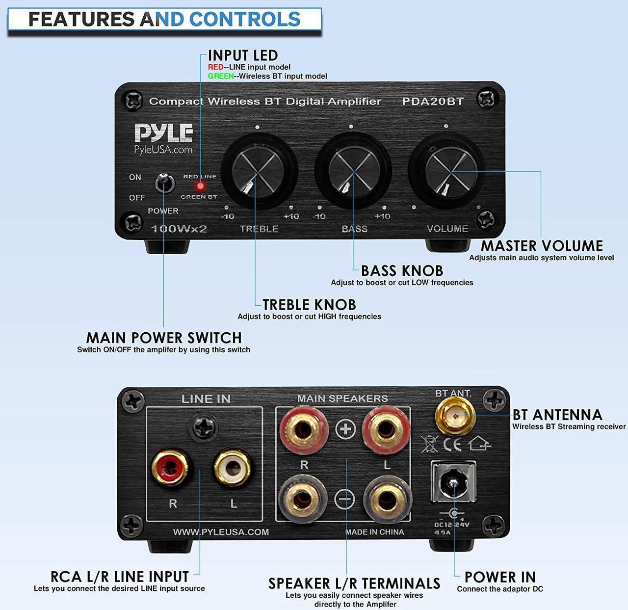 Alt view image 2 of 7 - Bluetooth HiFi Mini Audio Amplifier - Class D Digital Desktop PC Stereo Amplifier Receiver (2 x 100 Watt MAX) Aluminum Diecast- Pyle PDA20BT, Welcome to consult