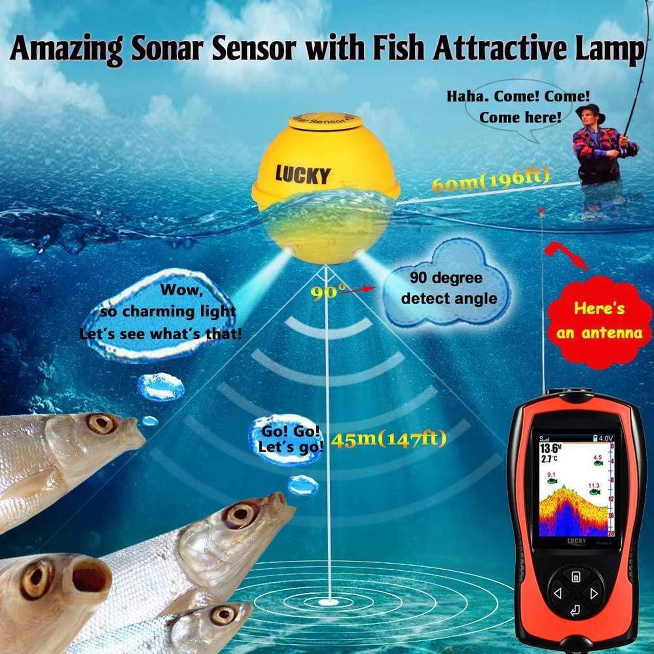 Alt view image 2 of 7 - Portable Fish Finder Transducer Sonar Sensor 147 Feet Water Depth Finder LCD Screen Echo Sounder Fishfinder with Fish Attractive Lamp for Ice Fishing Sea Fishing