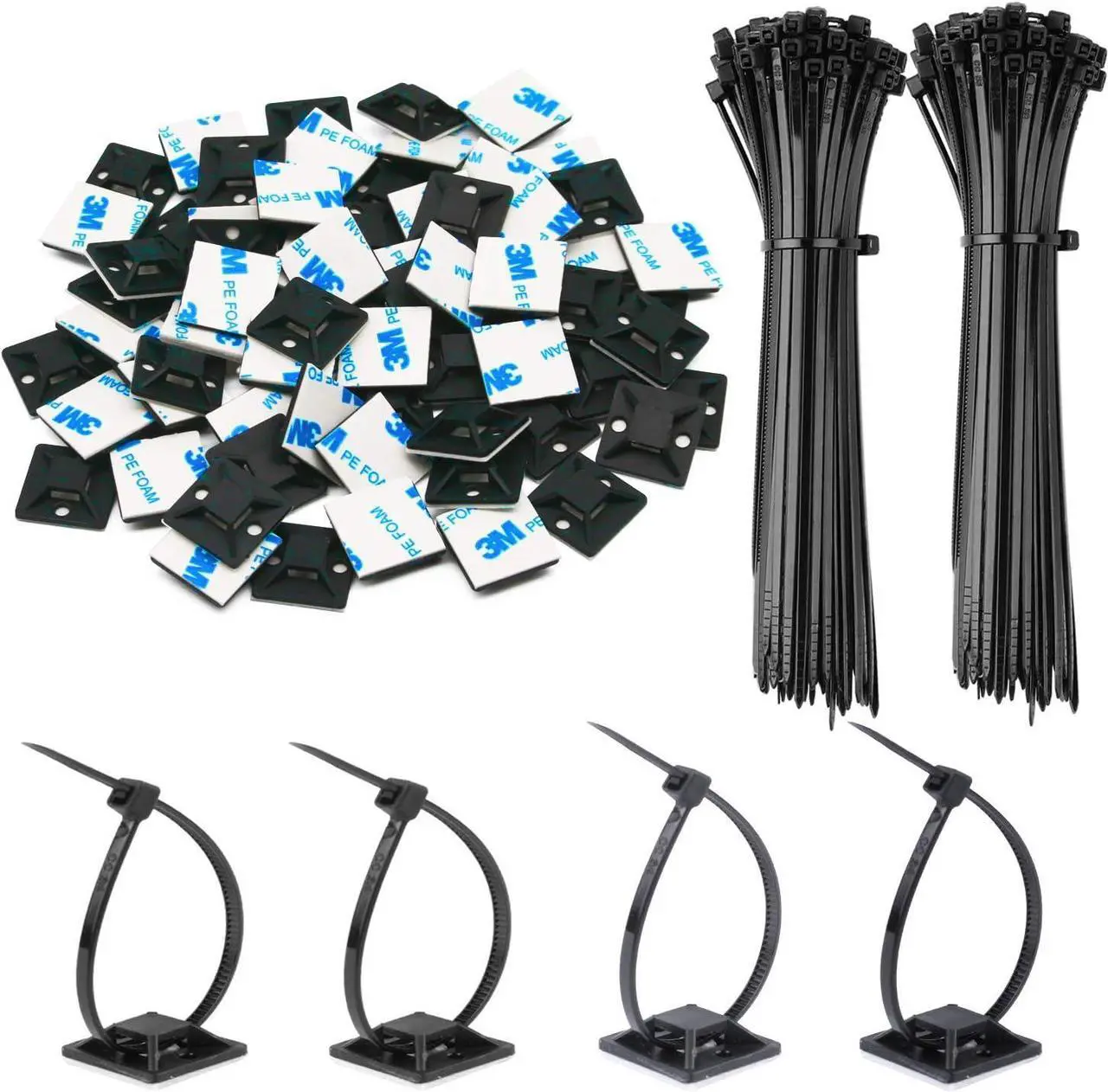 Main image of 500 Pack 3/4" Zip Tie Adhesive Mounts Self Adhesive Cable Tie Base Holders with Multi-Purpose Tie wire clips with screw hole,Anchor stick on wire holder, Including 100 Pack ClipsBlack