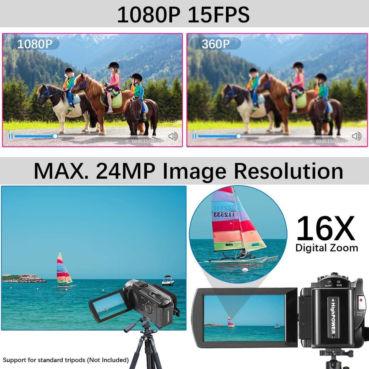 Alt view image 3 of 7 - Video Camera Camcorder Digital Camera Recorder Full HD 1080P 15FPS 24MP 3.0 Inch 270 Degree Rotation LCD 16X Digital Zoom Camcorder Camera with 2 Batteries(Black)