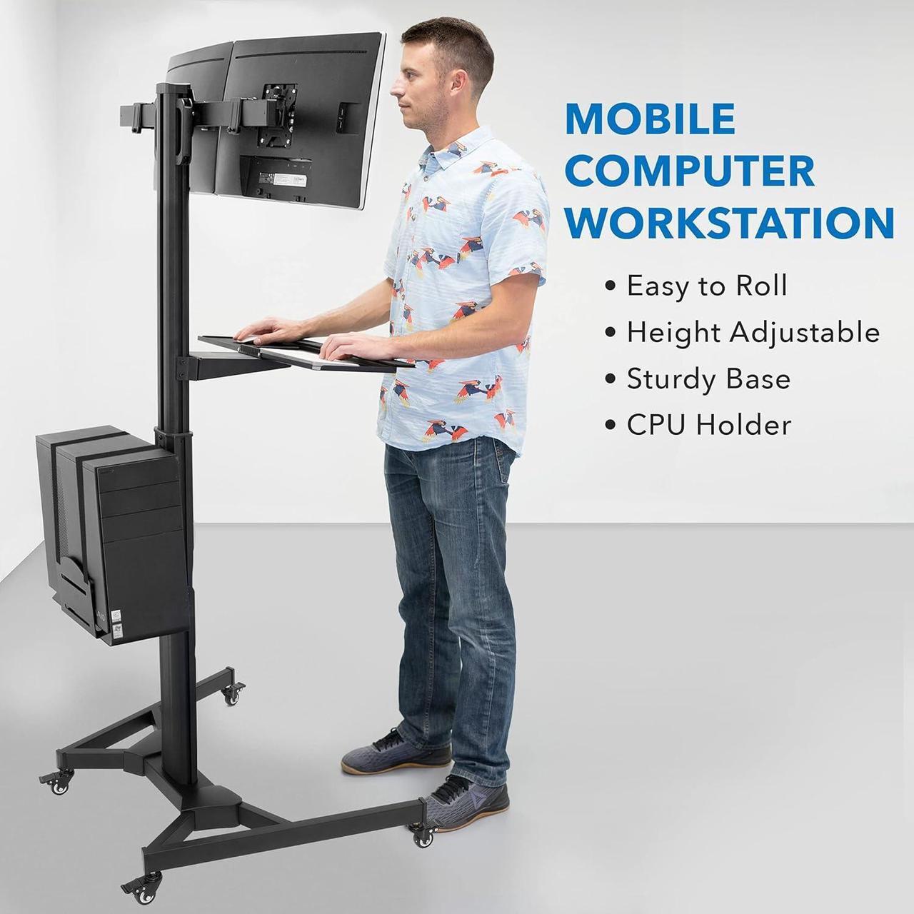Alt view image 2 of 7 - Mount-It! Adjustable Mobile PC Workstation for Dual Monitors | Mobile Standing Computer Cart with Adjustable Keyboard Tray and CPU Holder | Rolling Computer Desk Fits Monitors 13 to 32 Inches