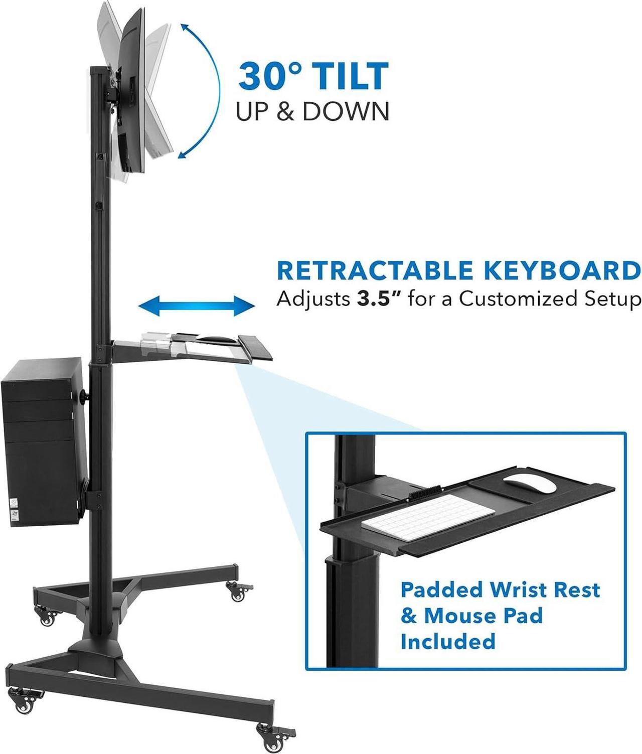 Alt view image 4 of 7 - Mount-It! Adjustable Mobile PC Workstation for Dual Monitors | Mobile Standing Computer Cart with Adjustable Keyboard Tray and CPU Holder | Rolling Computer Desk Fits Monitors 13 to 32 Inches