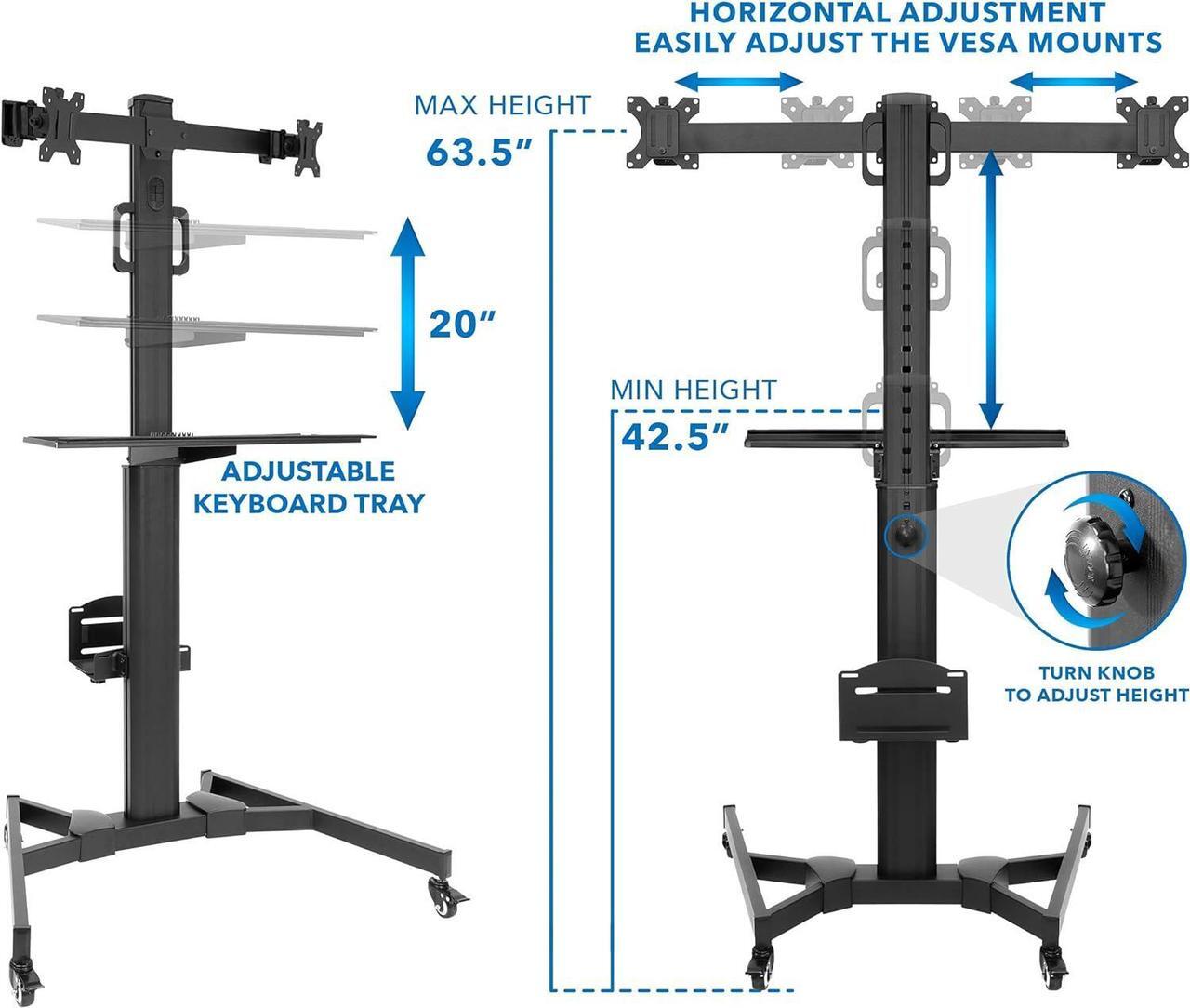 Alt view image 5 of 7 - Mount-It! Adjustable Mobile PC Workstation for Dual Monitors | Mobile Standing Computer Cart with Adjustable Keyboard Tray and CPU Holder | Rolling Computer Desk Fits Monitors 13 to 32 Inches
