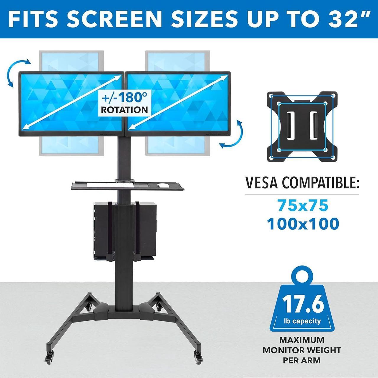 Alt view image 6 of 7 - Mount-It! Adjustable Mobile PC Workstation for Dual Monitors | Mobile Standing Computer Cart with Adjustable Keyboard Tray and CPU Holder | Rolling Computer Desk Fits Monitors 13 to 32 Inches