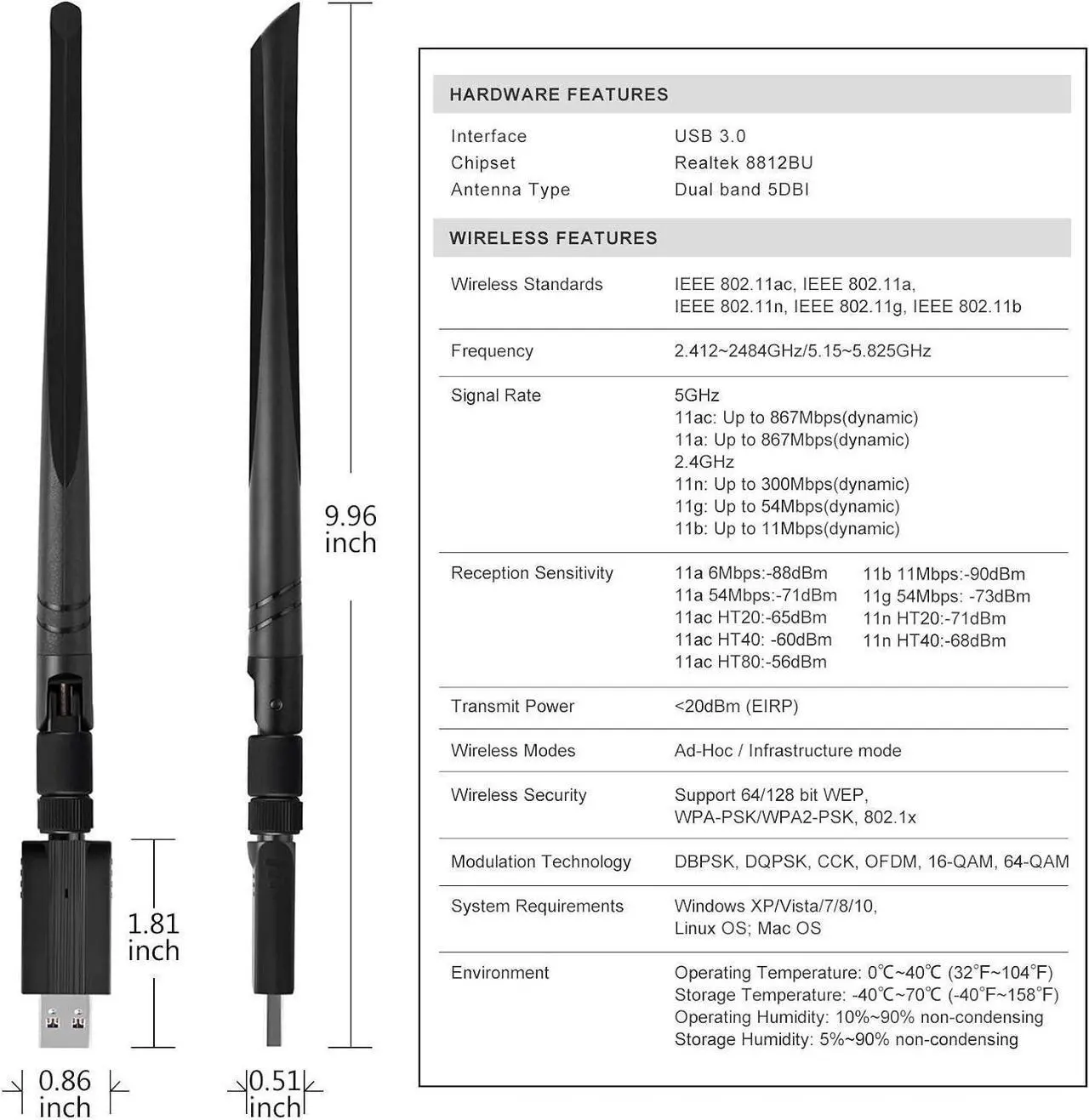 Alt view image 5 of 7 - USB WiFi Adapter  1200M WiFi Dongle High Speed 802.11ac 5dBi Dual Band 2.4/5GHz Wireless Network Adapter for PC/Desktop/Tablet/Laptop, Compatible with Windows, Mac OS X